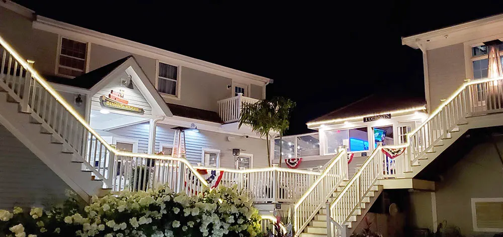 Tugboats at night, lit stairways and flowers